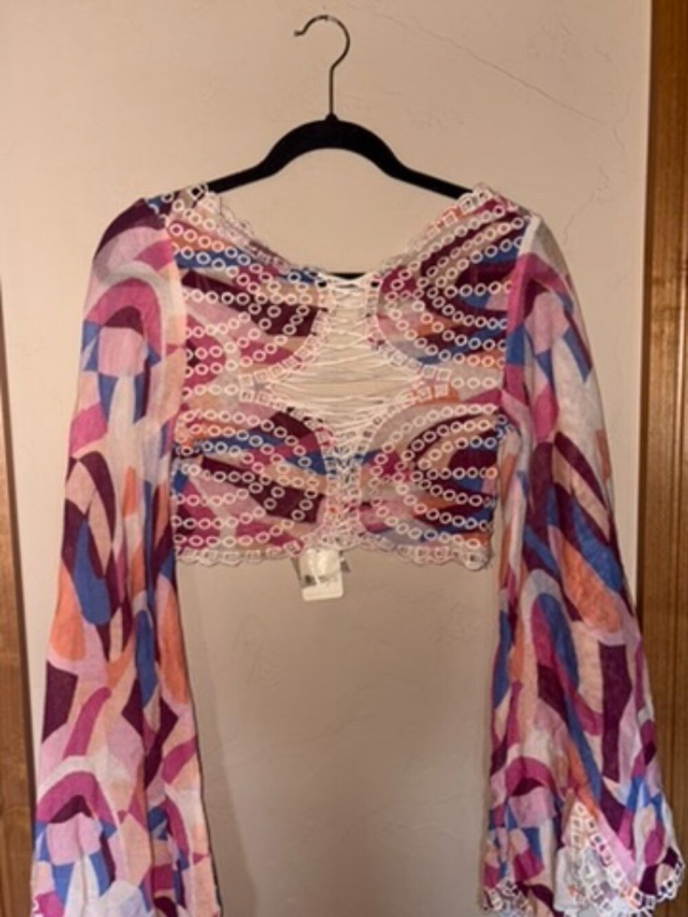 Free People NWT Lace Up Bell Sleeve Crochet Crop Top M